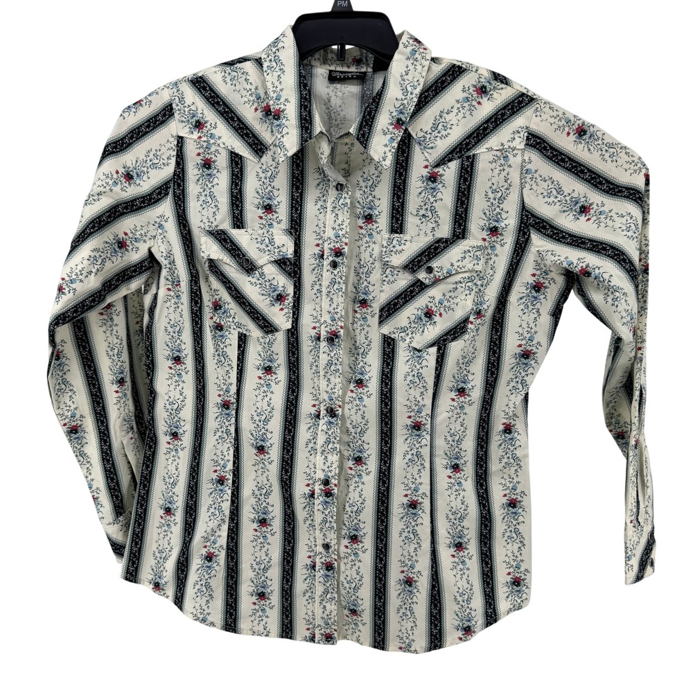 Wrangler Retro Western Pearl Snap Shirt Women XL White Floral Stripe Western